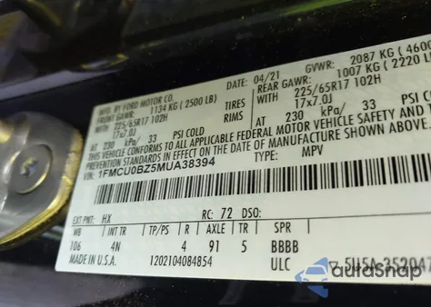 2021 Ford Escape Se Hybrid from USA, damaged, VIN 1FMCU0BZ5MUA38394
